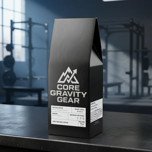 Bolsa de café Core Gravity FUEL en perspectiva sobre una superficie de metal industrial en un gimnasio de estilo loft.