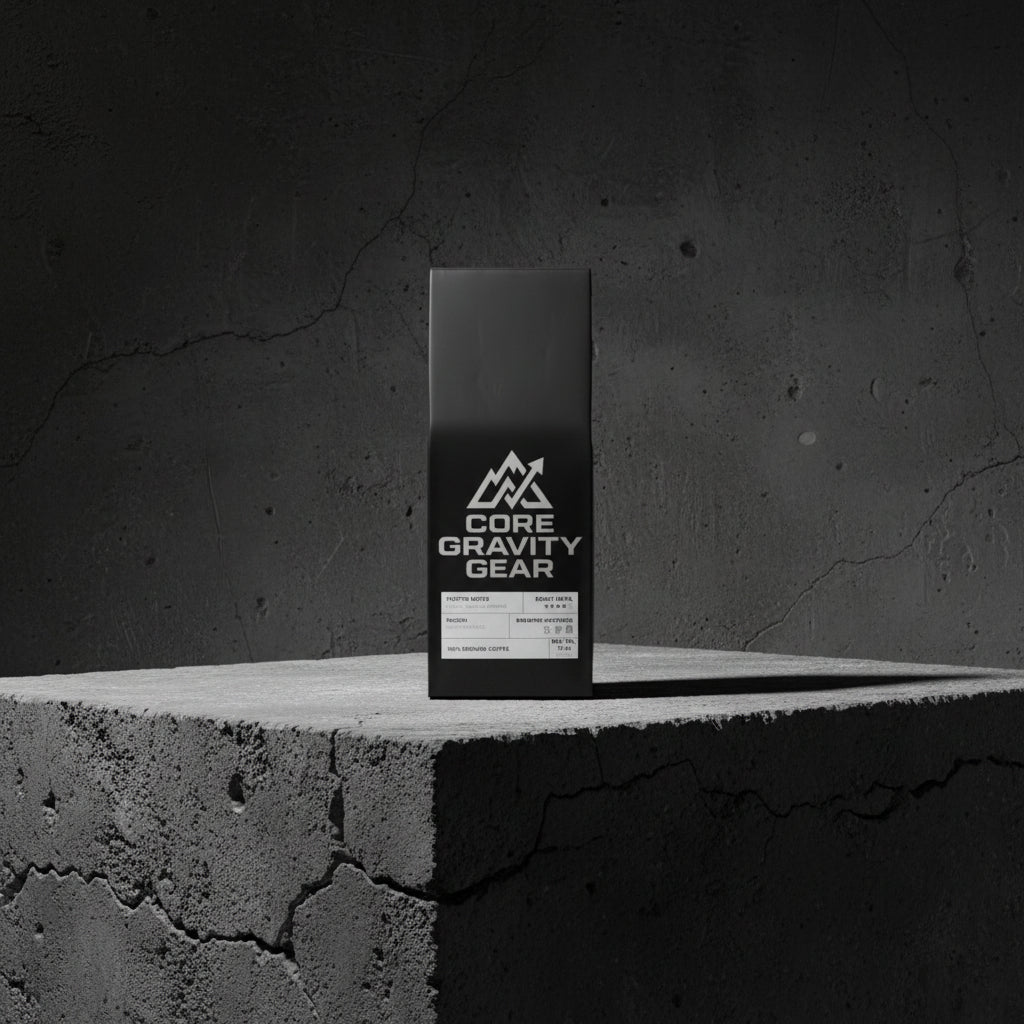 Bolsa de café negro mate Core Gravity FUEL de 12oz sobre una base de concreto industrial oscuro con iluminación lateral fría.