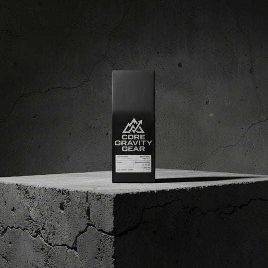Bolsa de café negro mate Core Gravity FUEL de 12oz sobre una base de concreto industrial oscuro con iluminación lateral fría.