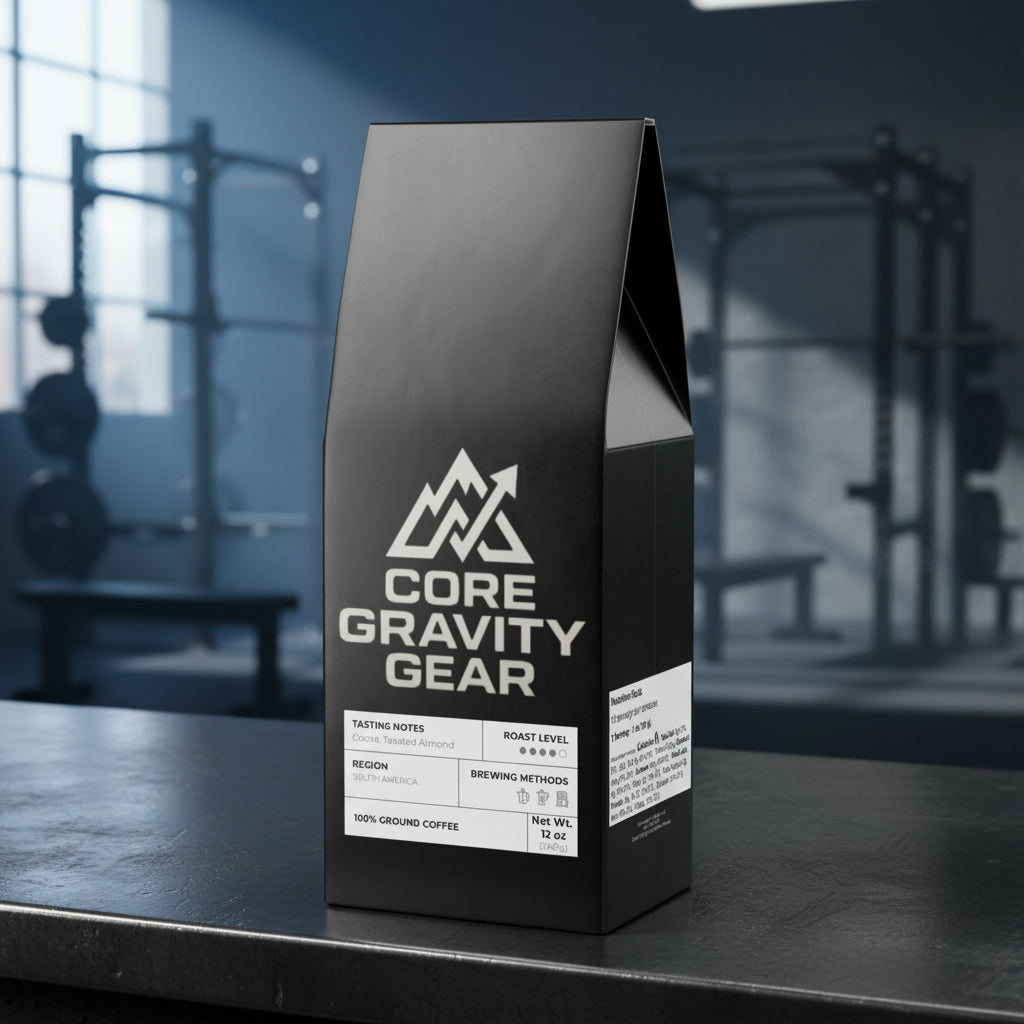 Bolsa de café Core Gravity FUEL en perspectiva sobre una superficie de metal industrial en un gimnasio de estilo loft.