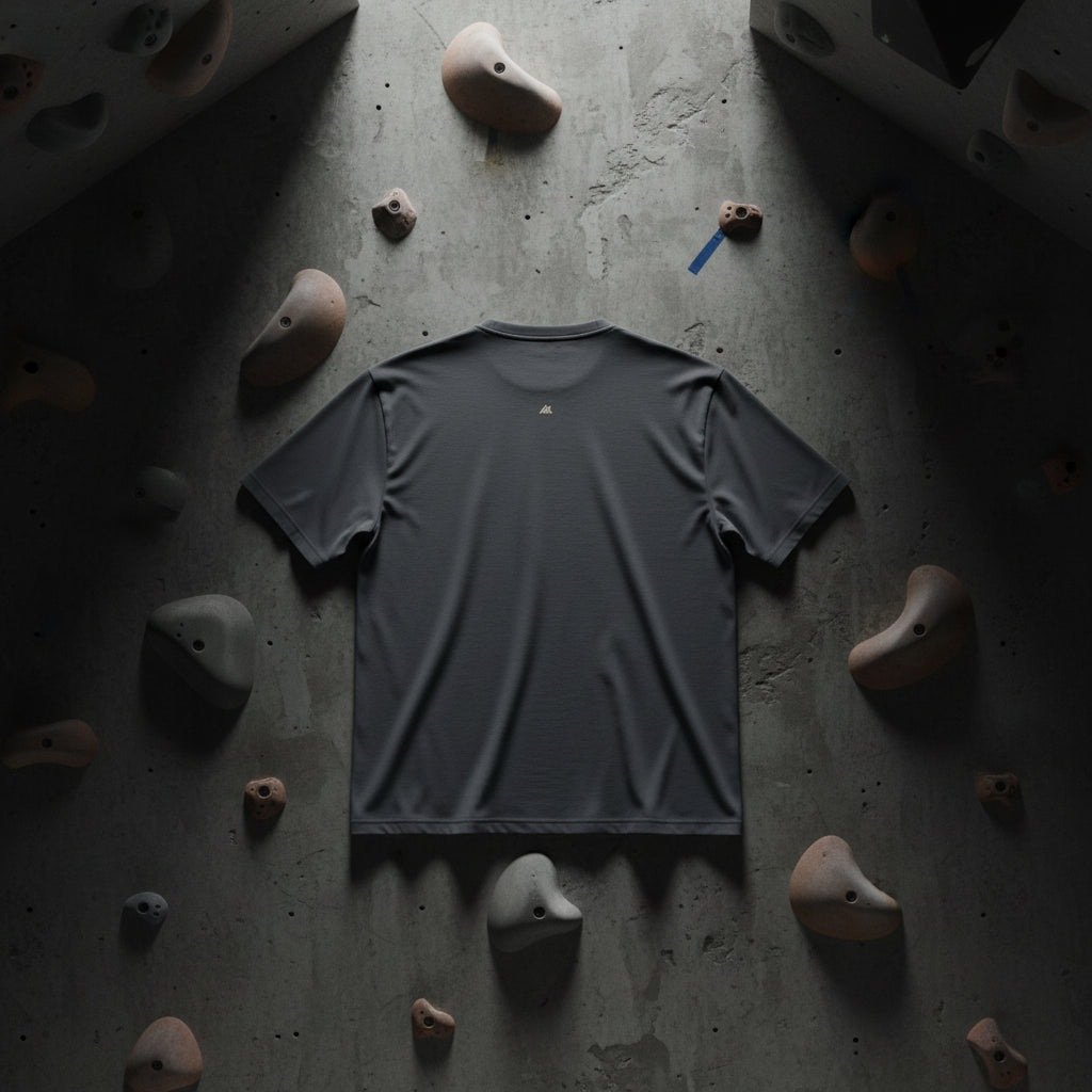 Vista trasera de modelo fitness con la camiseta Core Gravity, mostrando el logo minimalista en la nuca. Fondo de muro de escalada de hormigón texturizado oscuro con iluminación tenue