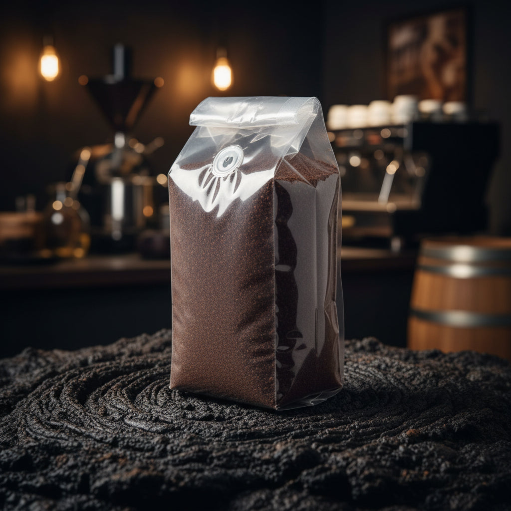 Cafe molido tostado oscuro Core Gravity dentro de su empaque transparente de frescura sobre una piedra volcánica.
