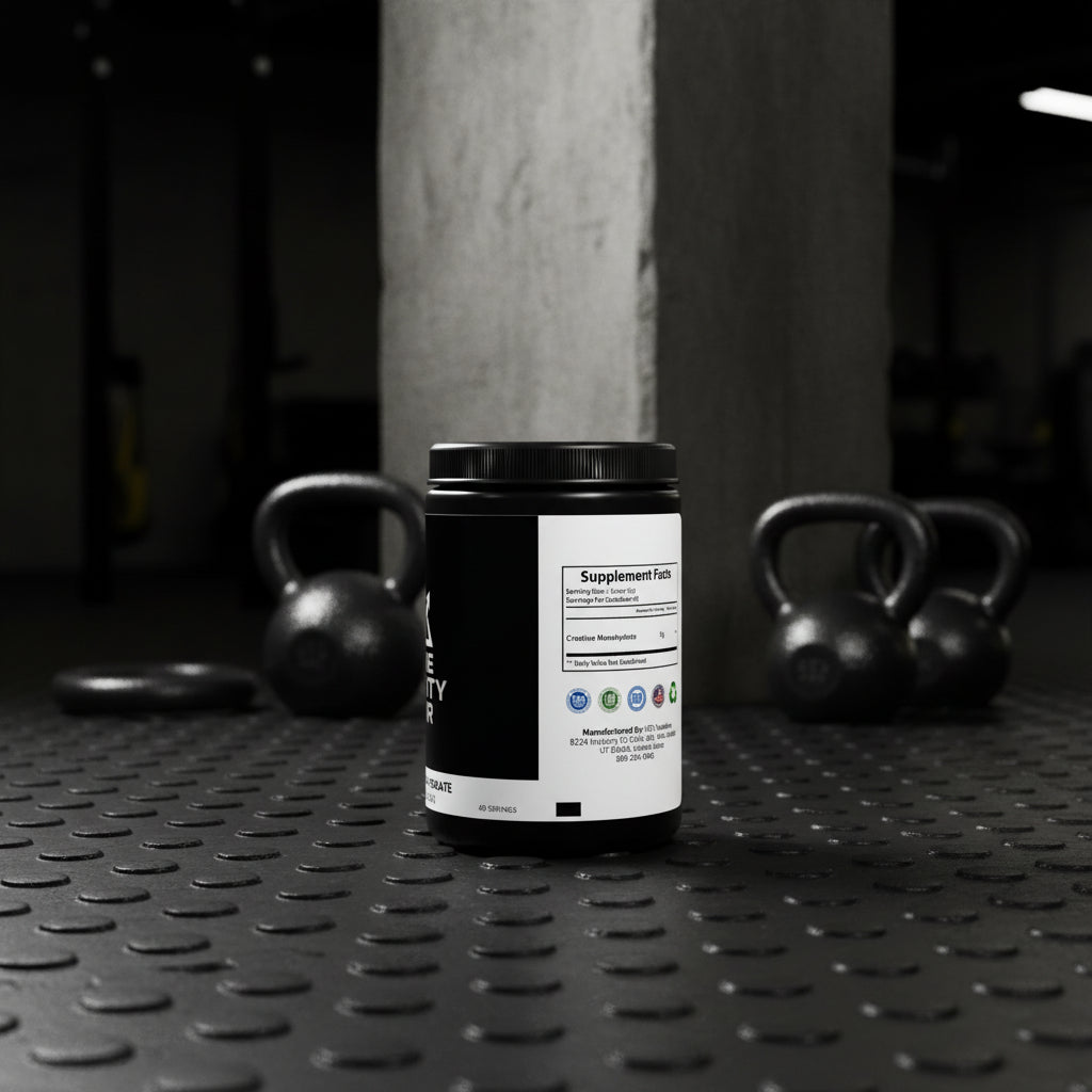 Bote de creatina negra Core Gravity en un gimnasio industrial con pesas y columnas de concreto desenfocadas.