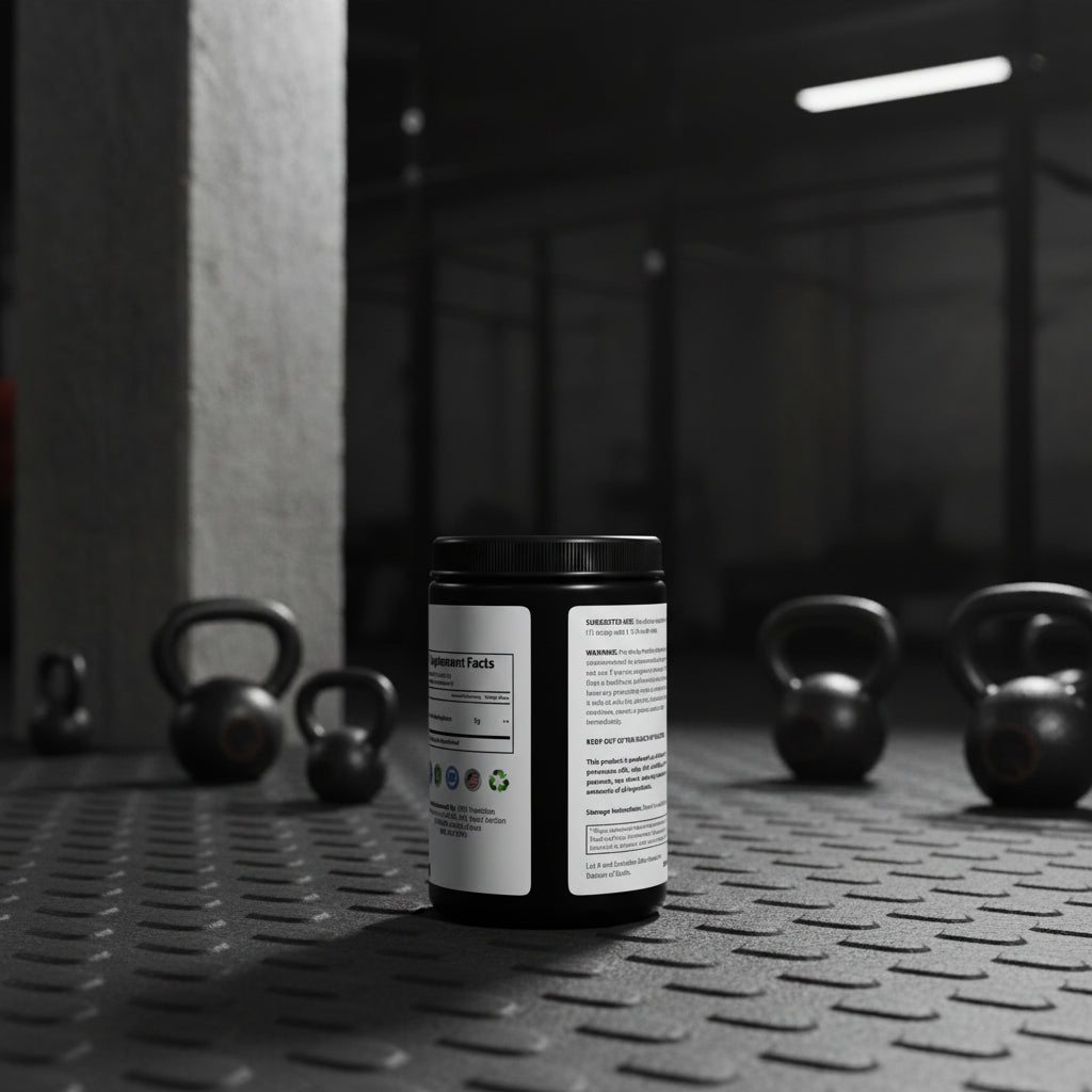 Bote de creatina negra Core Gravity en un gimnasio industrial con pesas y columnas de concreto desenfocadas.