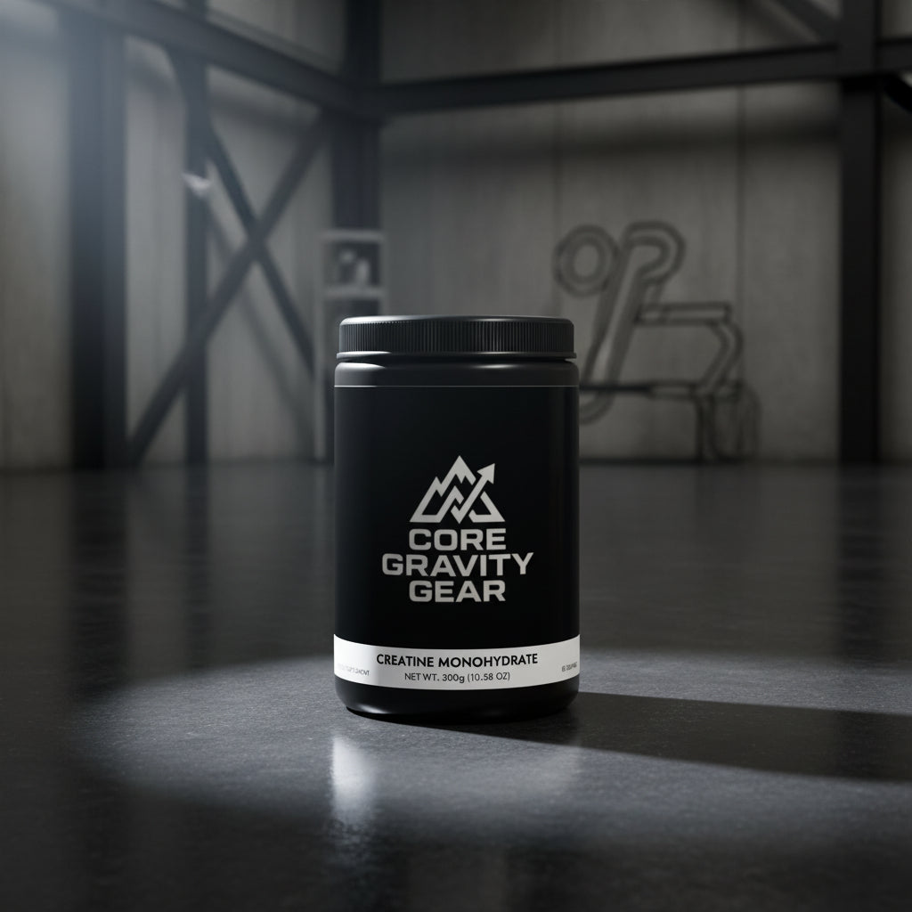 Bote negro mate de Creatina Core Gravity sobre superficie de hormigón pulido oscuro con iluminación lateral fría.