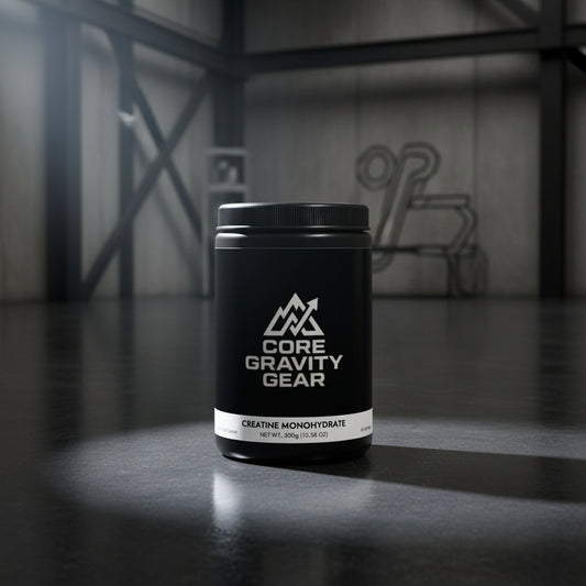 Bote negro mate de Creatina Core Gravity sobre superficie de hormigón pulido oscuro con iluminación lateral fría.